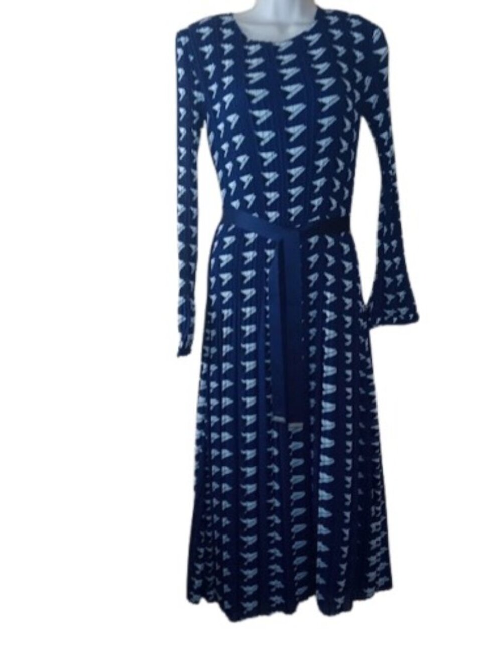 Adolpho Dominquez Womens Crinkle Tie Waist Midi Dress Blue Geo Sailboat S New